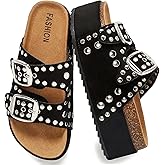 SHASINGGE Women's Platform Sandals With Cork Footbed Adjustable Double Buckle Suede Chunky Sandals for Summer Shoes Fashion Thick Soled Mules Slides Beach Wide Widths Studded Sandals Walking Footwear
