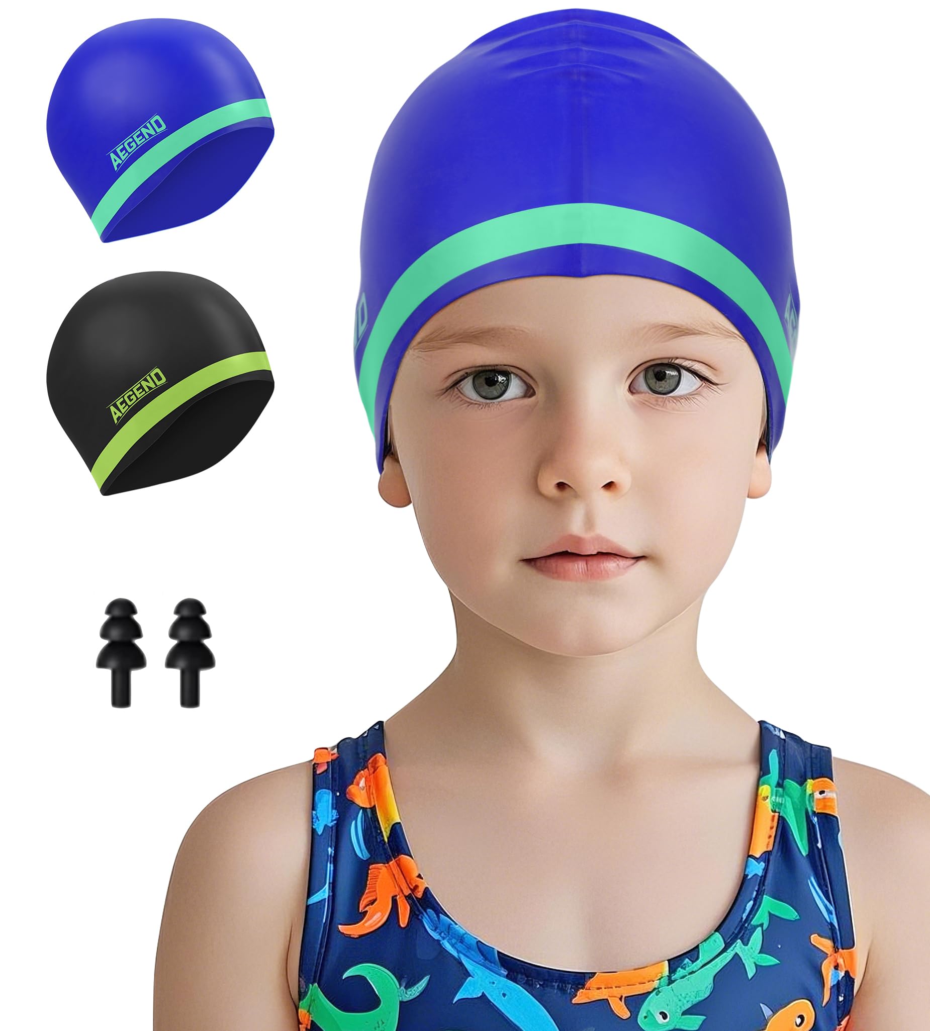 Photo 1 of Aegend 2 Pack Kids Swim Cap for Girls Boys Age 8-15, Waterproof Swim Cap Kids Durable Silicone Kids Swimming Cap for Long Hair, Black Green & Blue Green