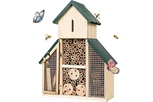 antiai Mason Bee House for Outdoors,Wooden Bee Butterfly Insect Hotel,an Outdoor Hanging Bamboo Habitat for Bee Butterfly Ladybugs Live,Bee Box,Butterfly Habitat for Garden,13 x 9.5 x 3.7 Inch