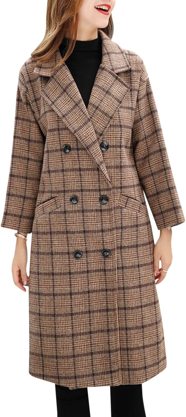 Tanming Women's Double Breasted Long Plaid Wool Blend Pea Coat Outerwear: Clothing