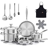 Meythway Pots and Pans Set Non Toxic, 16PCs Stainless Steel Cookware Set with Steamer, Kitchen Induction Cookware with Utensil Sets, Pot Protectors and Apron For Oven &amp; Dishwasher Safe