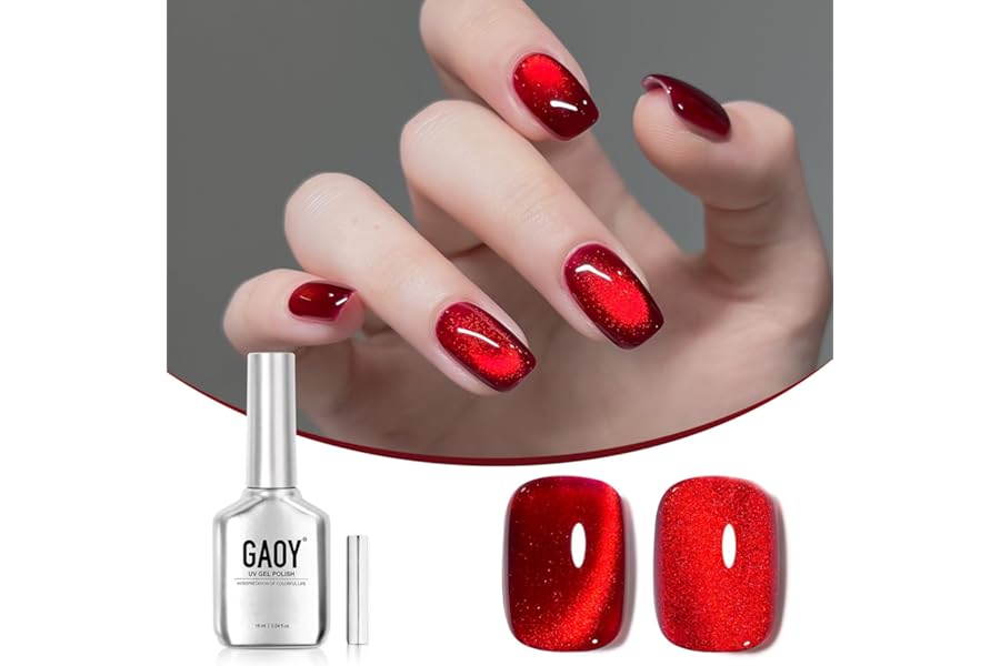 GAOY Red Cat Eye Gel Nail Polish, 16ml Glitter Holographic Nail Polish with Magnet, Reflective Translucent UV Gel, 2907 Ruby Twilight