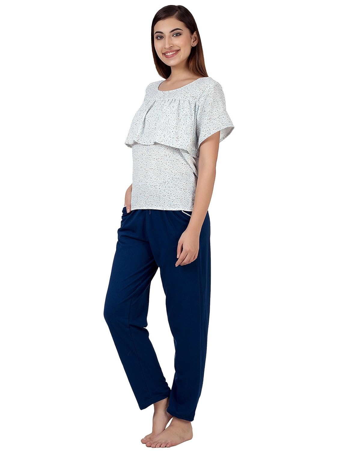 clovia women's crepe ruffled top & cotton rich pyjama