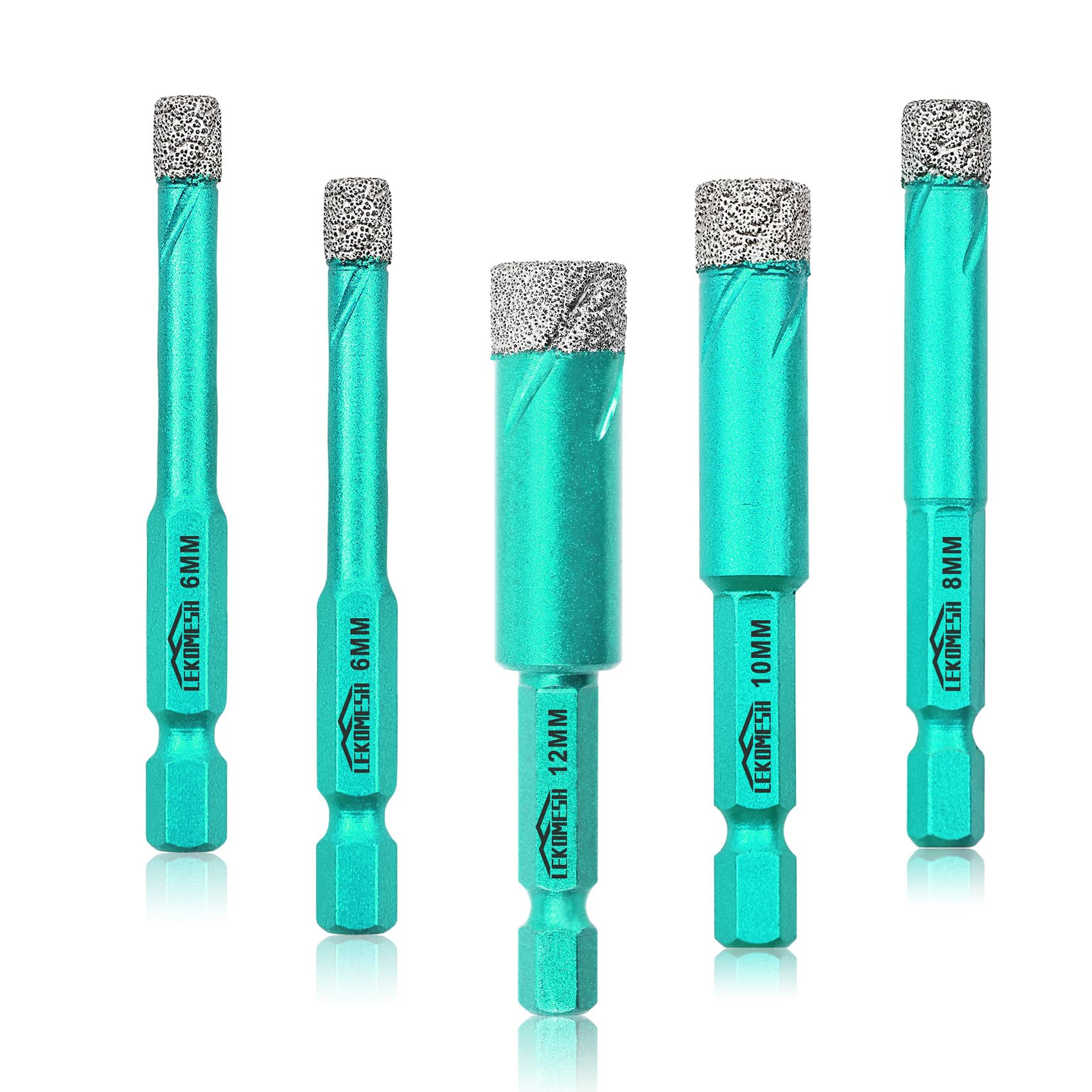 LEKOMESH Diamond Drill Bit Kit - 5pcs 6/6/8/10/12MM Diamond Hole Saw Set Quick-fit Hex Shank Porcelain Tile Drill Bits for Ceramic Marble Granite Stone Quartz Vacuum Brazed
