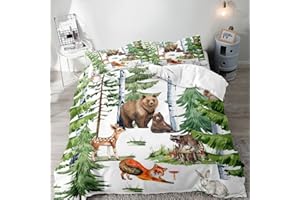 LUVIVIHOME 3PCS Deer Bear Duvet Cover Queen, Toddler Baby Boys Girls Kids Bedding Set, Cute Fox Rabbit Racoon Owl Green Forest Animal White Comforter Quilt Cover, Woodland Nursery Decor 2 Pillow Shams