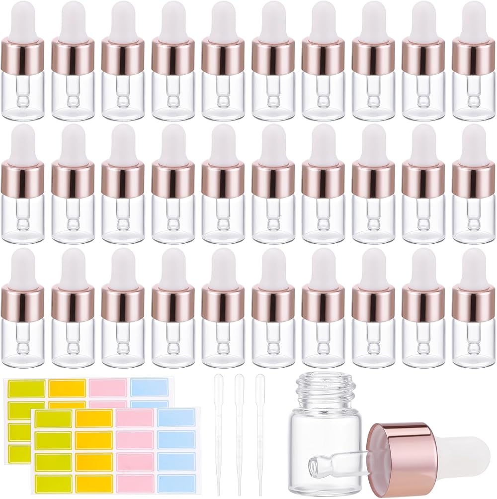 Friusate 30pcs 2ml Glass Dropper Bottles with 3 Pips 2 Labels Refillable