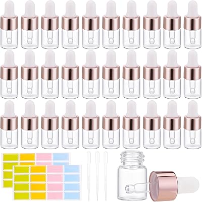 Friusate 30pcs 2ml Glass Dropper Bottles with 3 Pips 2 Labels Refillable