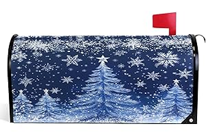 WAMIKA Merry Christmas Tree Magnetic Mailbox Cover Standard 21 X 18 in Winter Snowflake Snow Blue White Xmas Mail Box Covers Decals Wraps Post Box Outdoor Decorations
