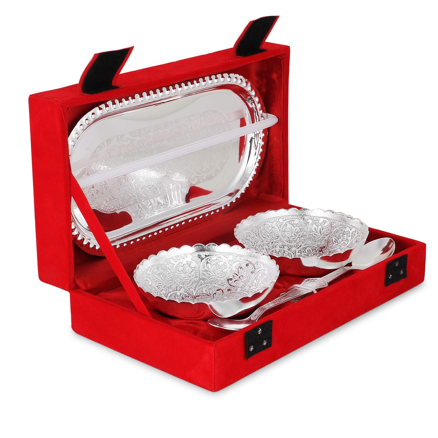 Zap Impex Engraved Silver Brass Bowl Tray and Spoon Set Gift Set, SLVRTRAYBOWL-1