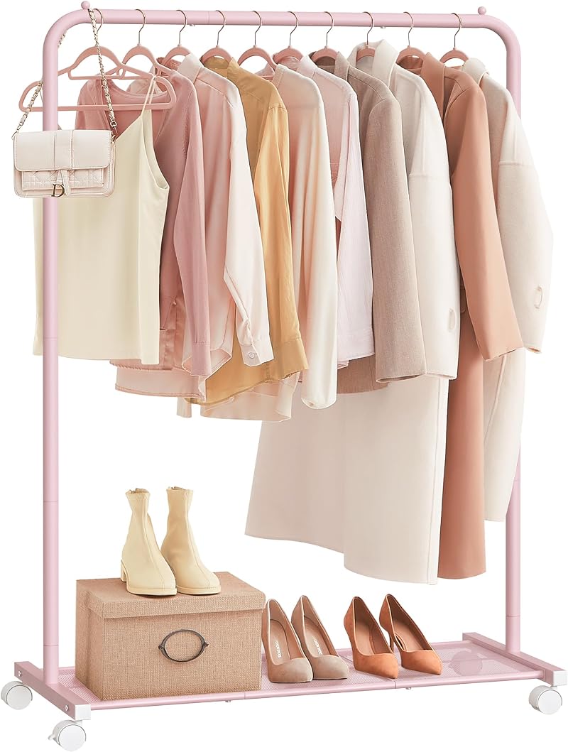 SONGMICS Clothes Rack on Wheels 91 cm Long Rail with Storage Shelf Jelly Pink