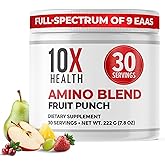 10X Health Amino Acids - 30 Servings of EAA & BCAA Powder, Pre Workout BCAA with Essential Amino Acids Supplement - BCAAs & EAAs for Longevity, Muscle Support, Strength, Energy - Fruit Punch