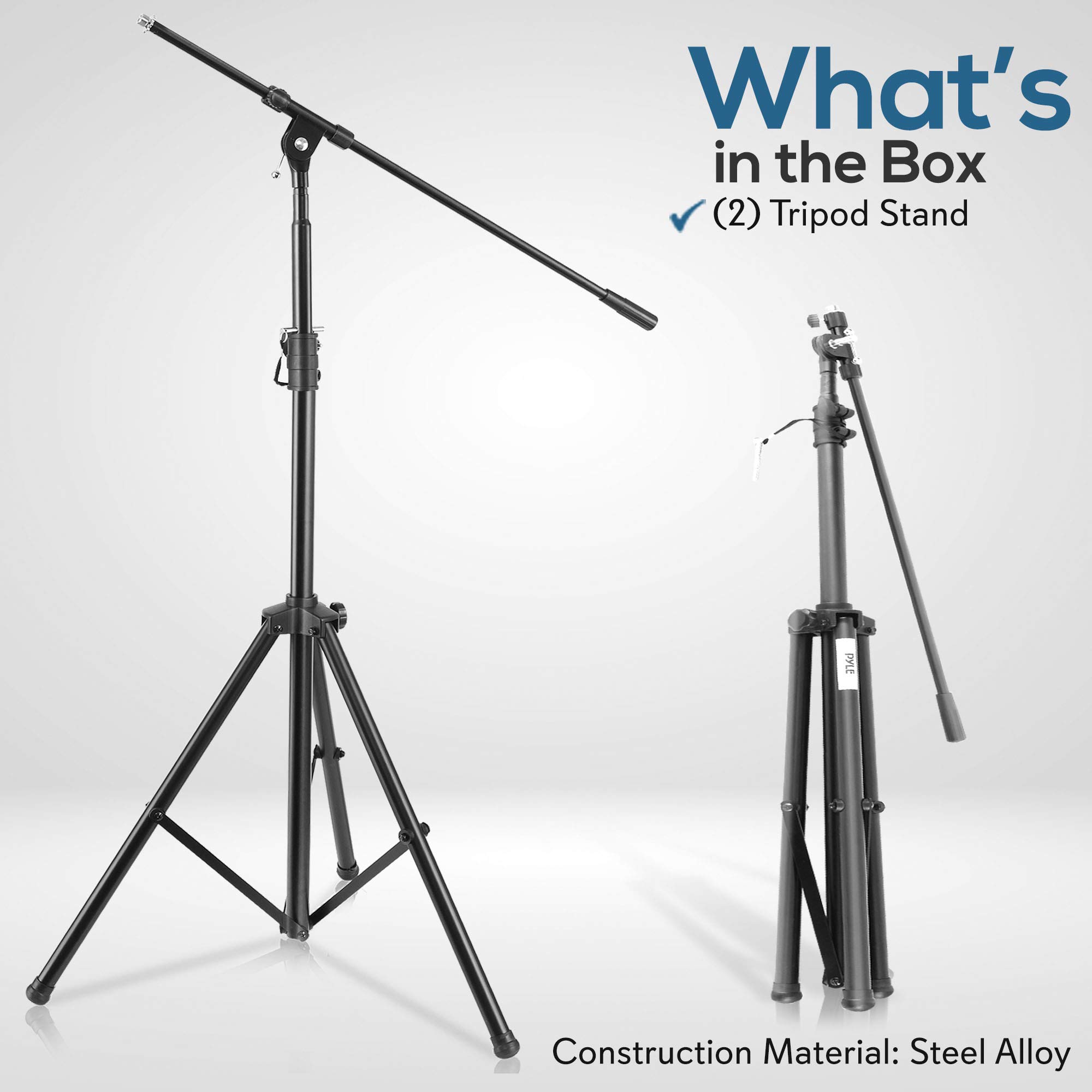 Pyle Adjustable Tripod Microphone Boom Stand - Pair of Universal Heavy Duty Lightweight Professional Compact Stage Studio Floor Standing Boom Mic Tripod Holder w/ Standard 5/8