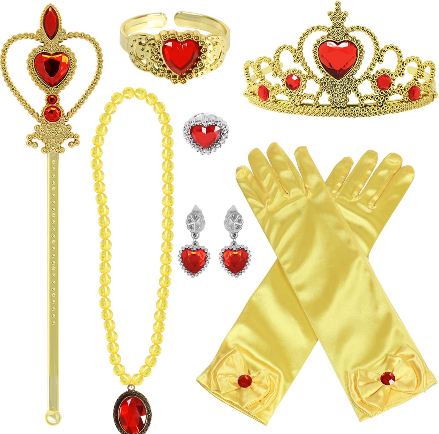 vamei 9pcs Belle Princess Dress Up Accessories for Girls with Princess Jewellery Crown Tiara Wand Gloves Earrings Necklace Ring Bangle Princess Party Supplies (Yellow)