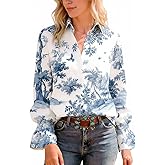 CHERRYBETTY Women's Boho Paisley Blouse Western Floral Print Top Ruffled Cuff Long Sleeve Button-Down Shirt