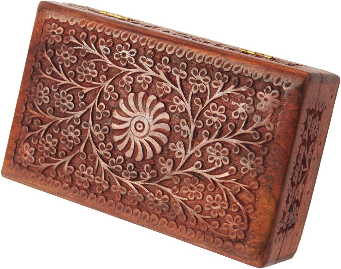 Artisans Of India Wooden Trinket Box Sheesham Wood Jewelry Organizer Keepsake Box Treasure Chest Trinket Holder Watch Box Storage Box Beautifully Handcarved in Floral Carving (8 x 5 inches)
