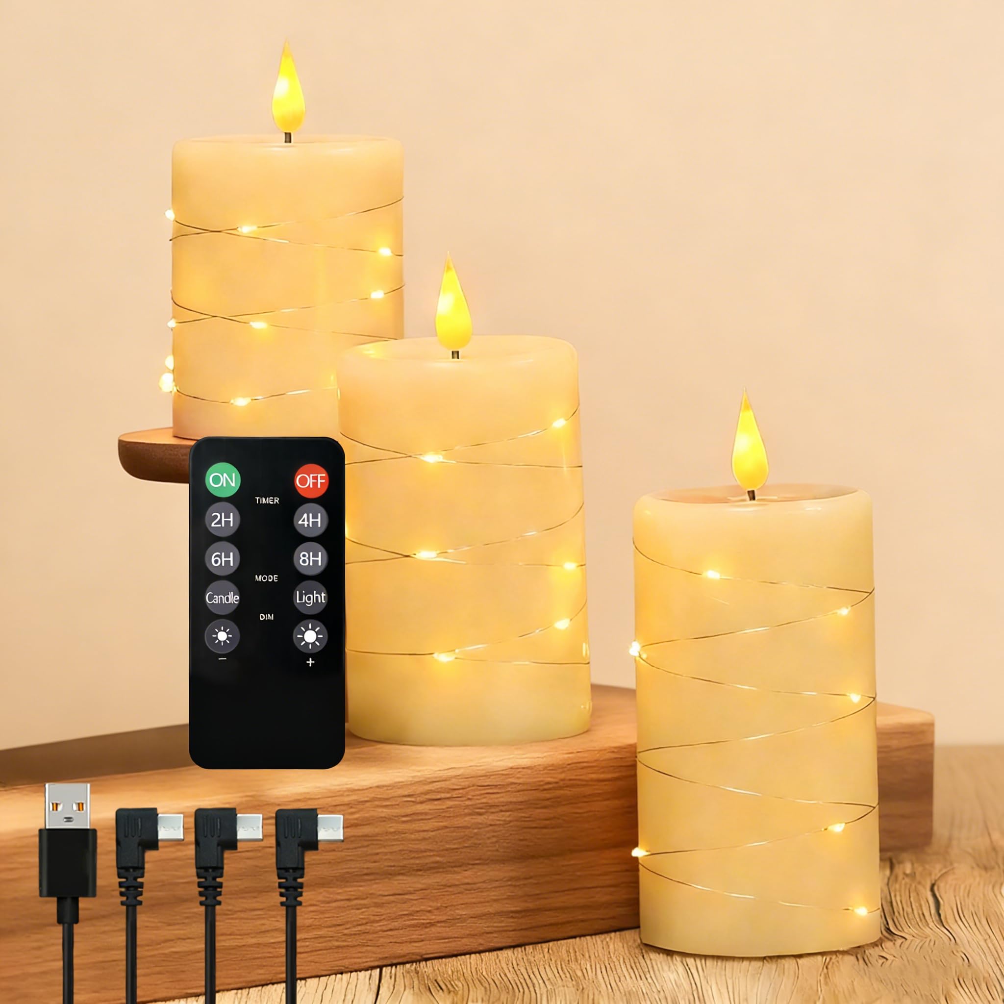 NICE POINT LED Flameless Candle,Rechargeable Flashing Pillar Real Wax Candle with Remote Control and Timer, Upgraded Teardrop Wick, Electronic Candles with Fairy Lights for Room Decor, Pack of 3