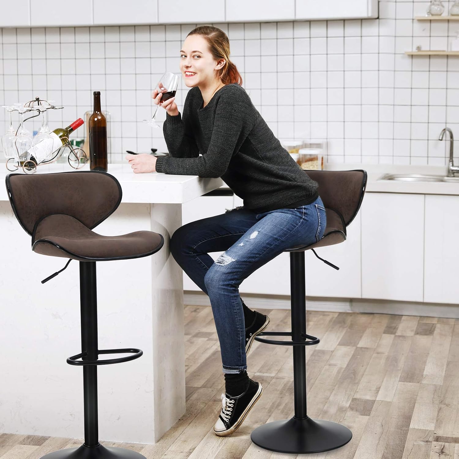 MAISON ARTS Counter Height Bar Stools Set of 2 Swivel Adjustable Barstools with Back for Kitchen Counter Tall Bar Height Chairs Faux Leather High Stools for Kitchen Island,300 LBS Bear Capacity,Brown: Kitchen & Dining