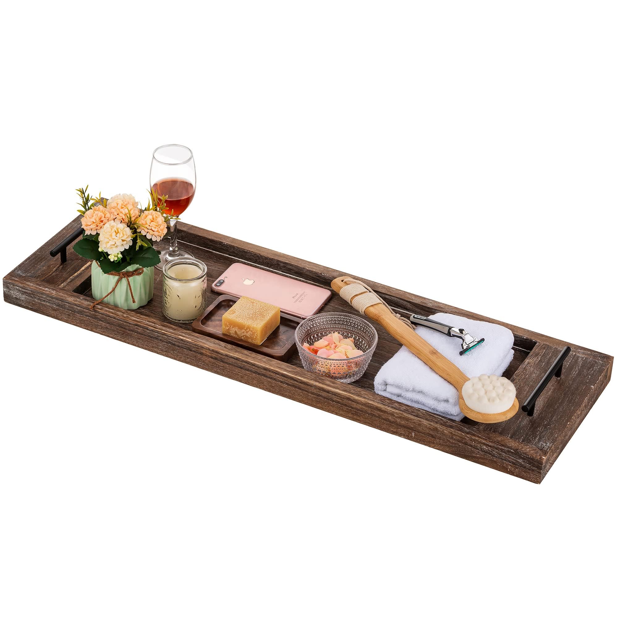 Hanobe Bathtub Tray Bath Caddy: Wood Tub Trays Table Extra Large Rustic Bathtub Shelf Across Tub Wooden Serving Tray with Handles for Bathroom 81cm