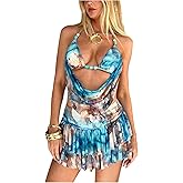 SweatyRocks Women's 2 Piece Y2K Skirt Sets Deep V Neck Halter Top Ruffle Skorts Vacation Outfits