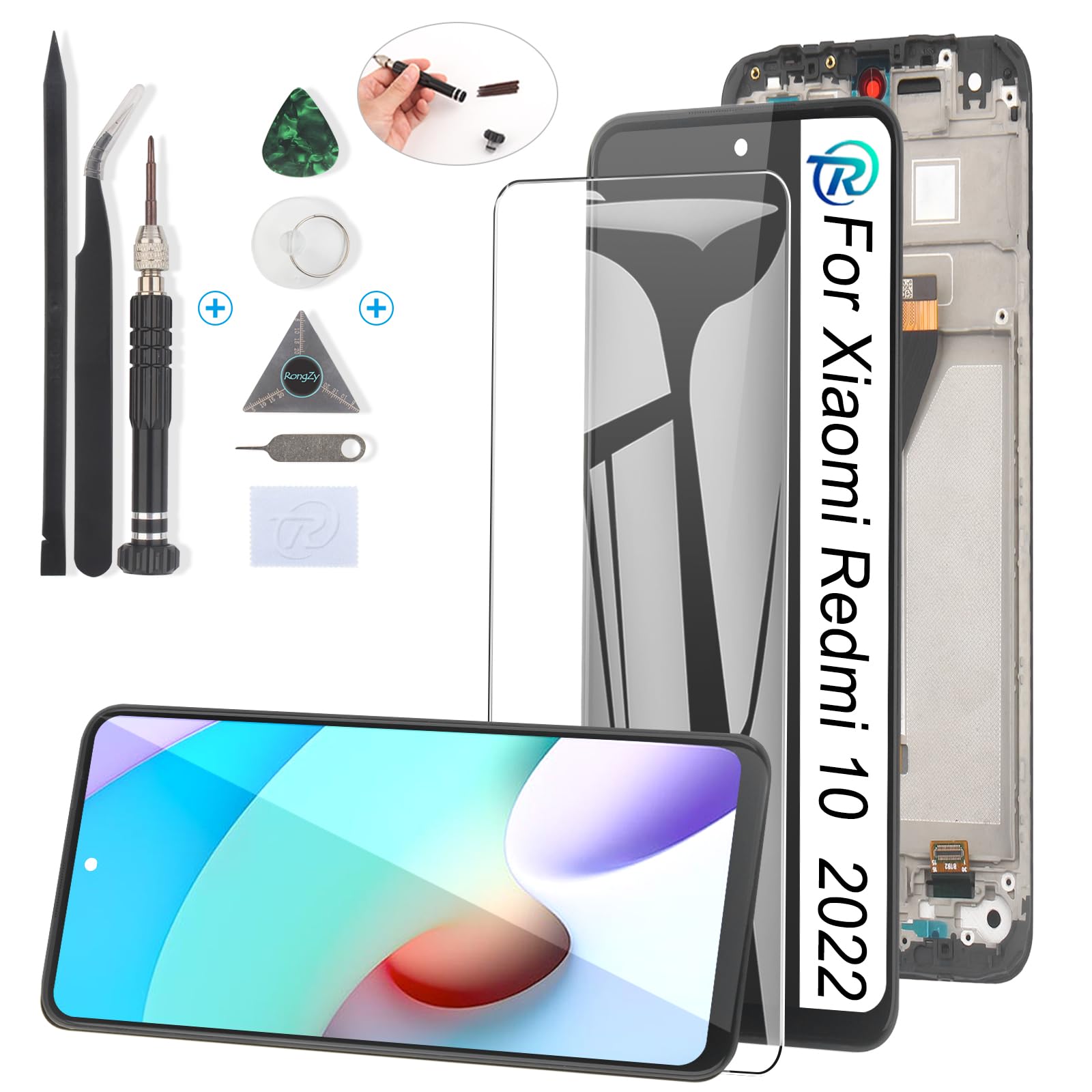 RongZy Replacement Display Compatible with Xiaomi Redmi 10 2022 21121119SG Touchscreen Digitizer Glass Assembly + Repair Tools (6.5 Inches, Black with Frame)