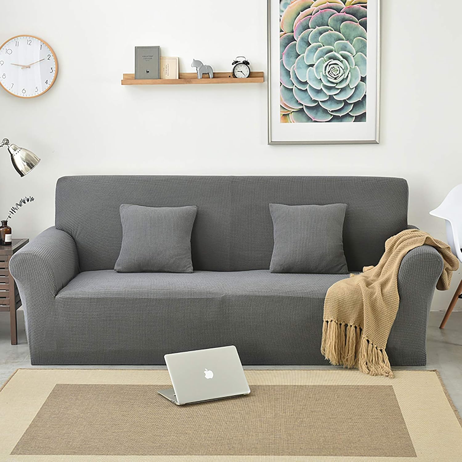 Samt-Sofaüberzug Mit Hoher Dehnbarkeit – Rutschfester Bezug Für 4-Sitzer, Light Grey