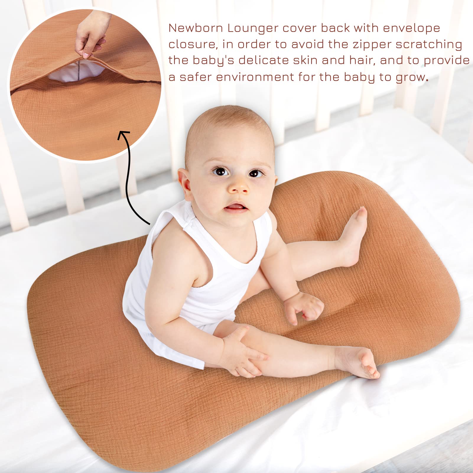 Muslin Baby Lounger Cover, Baby Padded Lounger Cover, Infant Floor Seat Cover, Organic Cotton Removable Slipcover Fits Newborn Lounger for Boys and Girls, Brown and Ginger