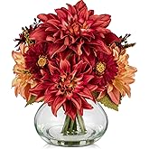 Briful Faux Fall Flowers in Vase, Artificial Dahlia & Mum Silk Floral Arrangement with Clear Glass Vase Fake Autumn Flowers Bouquet for Home Office Dining Room Table Centerpiece Decoration