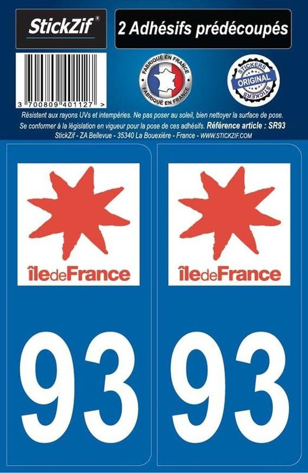STICKZIF SR93 2 Adhesive Stickers département 93 Ile-de-France region, Set of 2