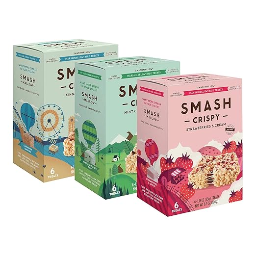 SMASHCRISPY Variety Pack by SMASHMALLOW | Marshmallow Rice Treats | Cinnamon Churro, Mint Chocolate Chip, Strawberries & Cream | Non-GMO | Organic Cane Sugar | Gluten-free | 18 Count (Pack of 3 boxes)