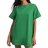 ICOBID Women's Summer Short Sleeve Mini Dress Loose Fit Button Back Mini Dresses Slit Tunic Shirt Short Dress with Pockets