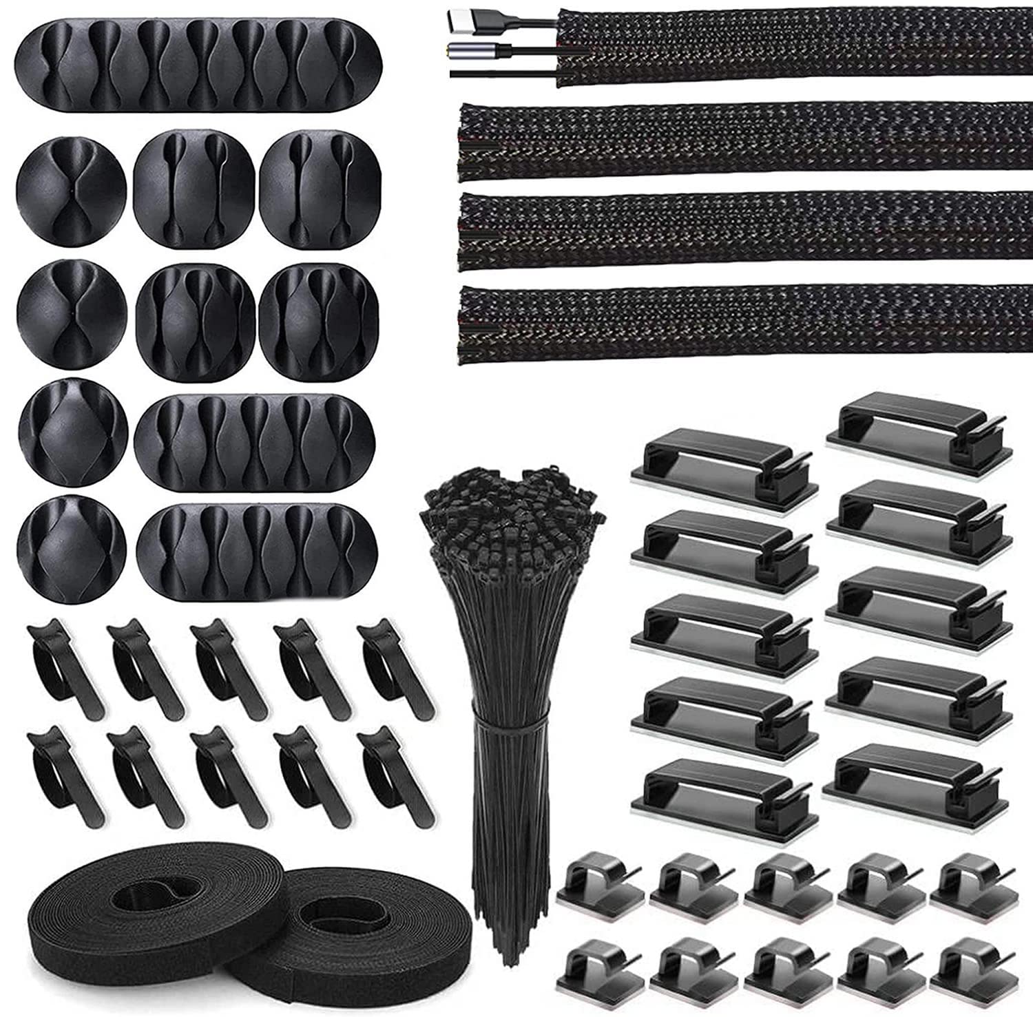 Eono 152pcs Cable Management Kit, 4 Sleeves, 20 Clips, 23 Straps, 3 Holders, 100 Ties, Black, 1E+1cm