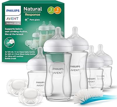 Philips AVENT Natural Response Glas-Geschenkset für Neugeborene – 3 x 120 ml und 2 x 240 ml Babyflaschen, 2 x ultra soft Schnuller 0–6 Monate, Flaschenbürste, BPA-frei (Modell SCD879/11)
