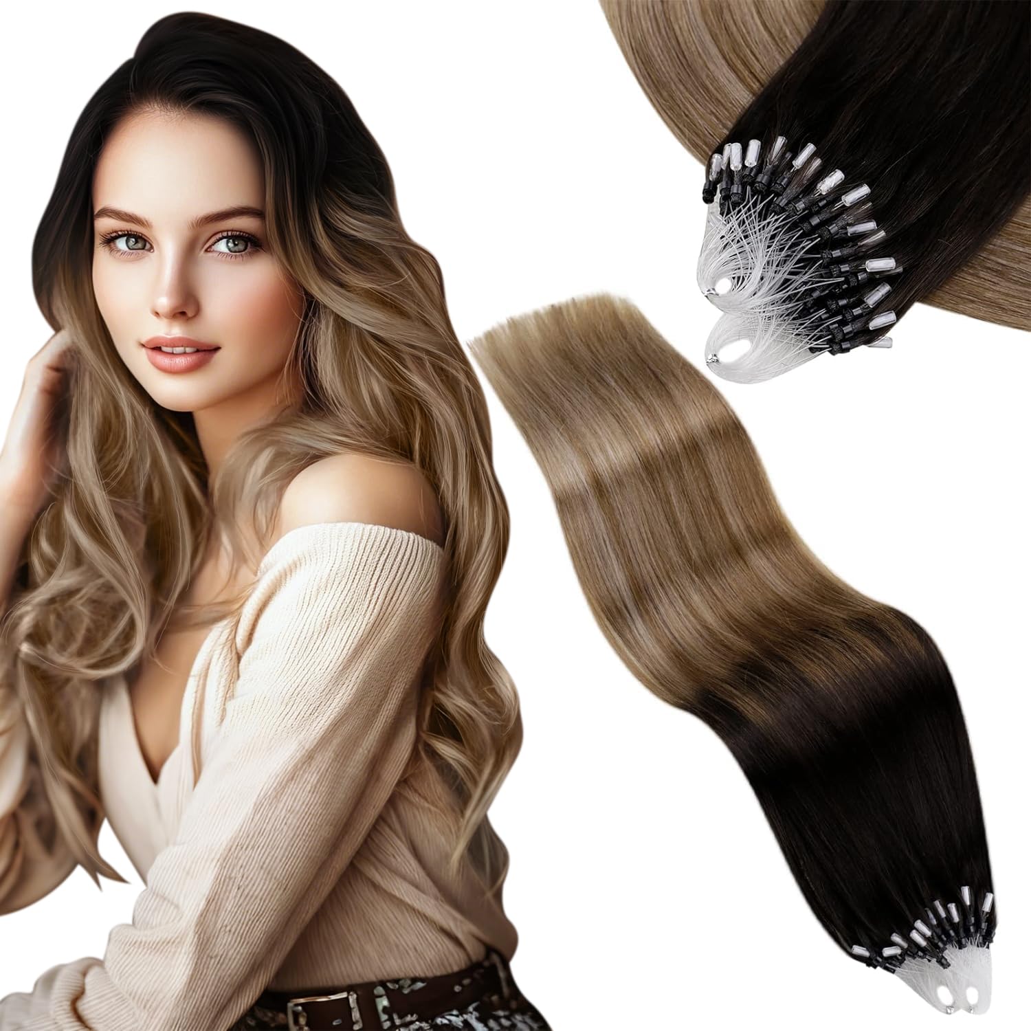 Vivien Micro Ring Extensions Real Human Hair Balayage Black 14Inch Natural Hair Extensions Micro Loop Black Ombre Brown and Ash Blonde Short 50g 50s #1B/4/18 โ image 1
