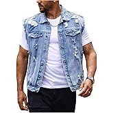 Floerns Men's Distressed Ripped Jean Vest Sleeveless Button Front Denim Vest Jacket