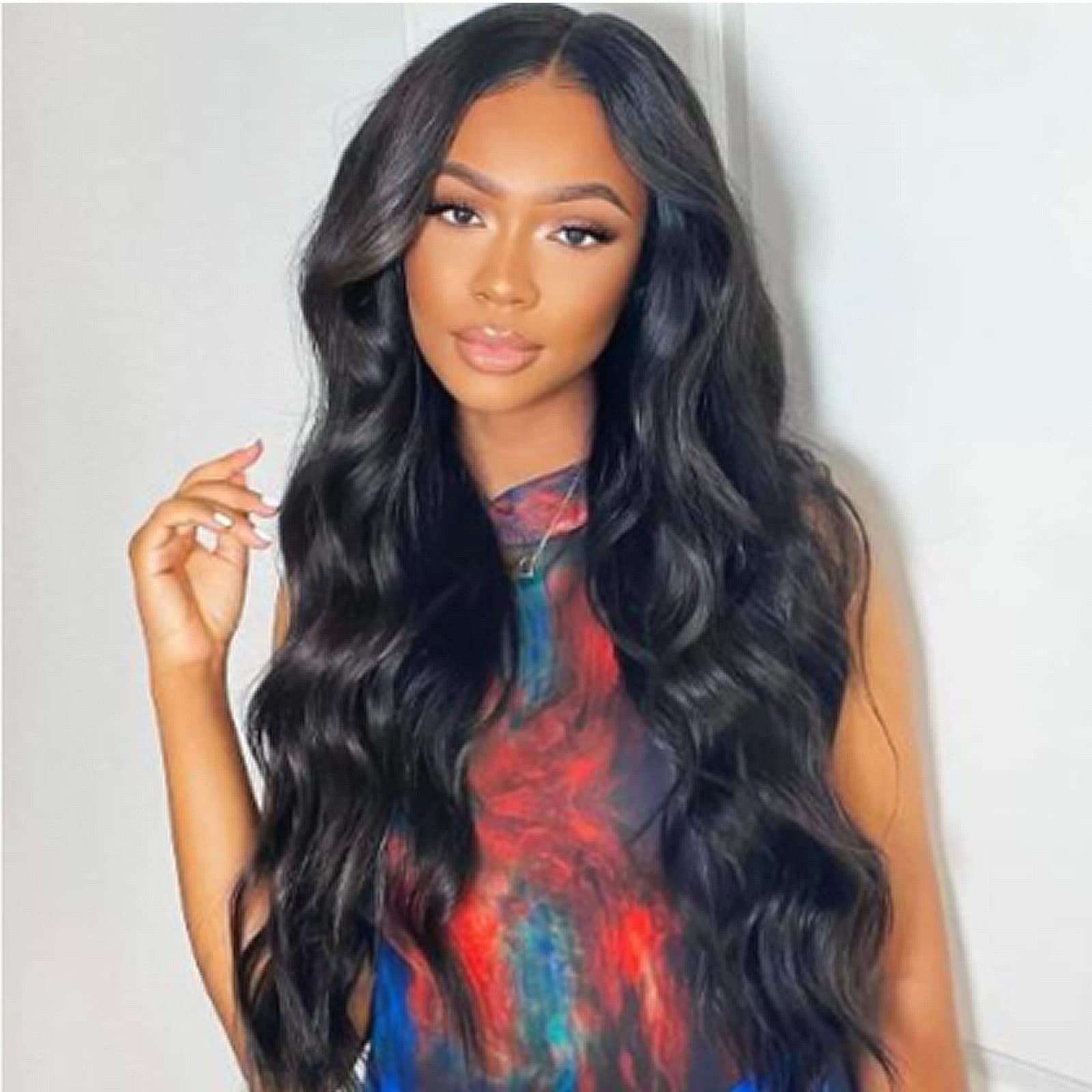 1B Black Lace Front Wigs for Women Long Curly Realistic Looking Side Part Synthetic Wig Heat Fiber Pure Black Lace Wig 150 Density Cosplay Amine Daily Use 24 Inches — image 1