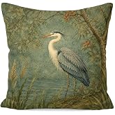 FOPENEM Vintage Blue Heron Bird Botanical Pillow Cover 18x18 | Blue Heron Decor,Cottagecore French Country Heron Bird Nature Decorative Throw Pillow Case for Home Bedroom Living Room