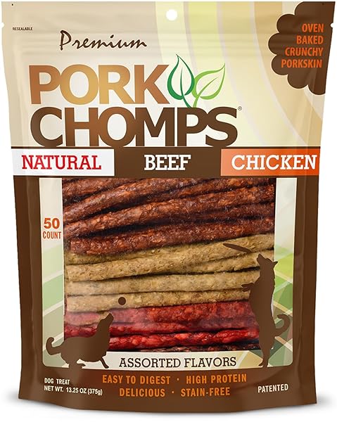 PORK CHOMPS DOG CHEWS, 5 INCH MUNCHY STICKS, 50 COUNT – ASSORTED FLAVORS: ROASTED PORK, CHICKEN, & BACON – LONG-LASTING TREATS FOR DOGS – HIGH PROTEIN, LOW FAT, HEALTHY & DELICIOUS CHEWS (1 PACK)