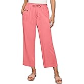 GRAPENT Linen Pants for Women High Waisted Wide Leg Capri Elastic Waist Casual Beach Flowy Cropped Summer Capris Pants
