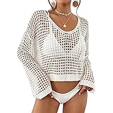Bsubseach Womens Crochet Crop Top Beach Swimsuit Cover Up Long Sleeve Hollow Out Bathing Suit Cover Ups