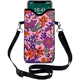 otilil Neoprene Cell Phone Sleeve Pouch Case Bag with Crossbody Strap Neck Lanyard for Women 7.1 X 3.9 in Pink Flower