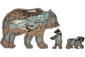 Tivisiy 3D Wooden Animals Carving, Grizzly Bear Decor Cabin Decor Wooden Animal Statues Rustic Wall Decor Art for Home Bedroom Farmhouse Room Mountain Wall Decor for Birthday Gifts
