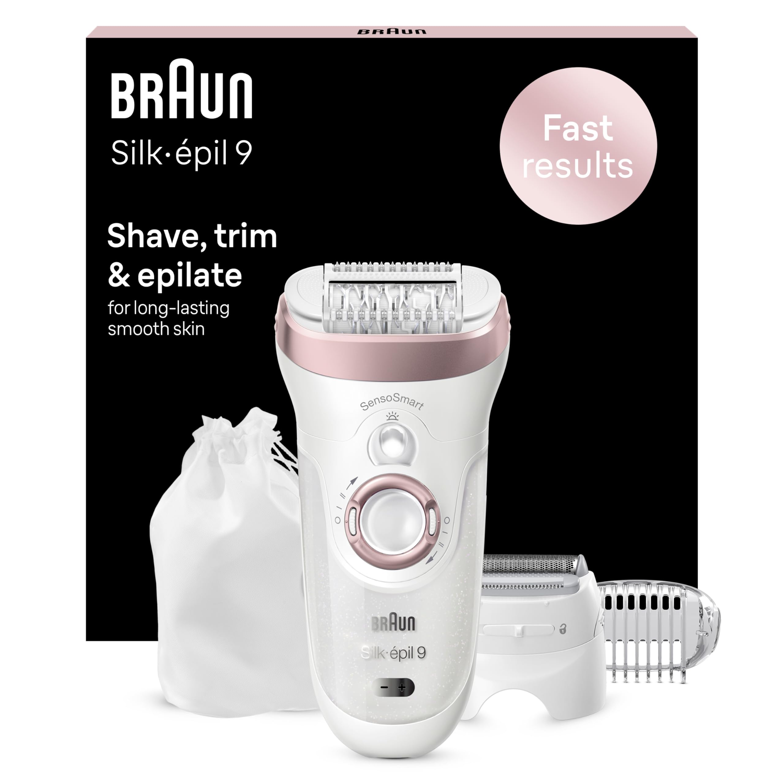 Braun Silk-épil 9 Epilator, With Shaver & Trimmer Head, Shave, Trim & Epilate For Long-Lasting Smooth Skin, Provides Smooth Skin For Weeks, 100% Waterproof, 2 Pin Bathroom Plug, 9-720, White/Pink