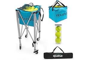 EPUSHUS Pro Tennis Ball Hopper Holds 165 Tennis Balls - Heavy-Duty Ball Basket - Portable, Compact and Lightweight Tennis Ball Carrier with Wheels - 3 Balls and Premium Carry Bag Included