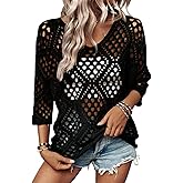 SHEWIN Womens Summer Tops Hollow Out Beach Crochet Cover Ups V Neck 3/4 Sleeve Pullover Sweater Shirts