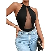 Milumia Women's Halter Neck Sleeveless Sheer Mesh Bodysuit Mock Neck Cut Out See Through Sexy Tank Top