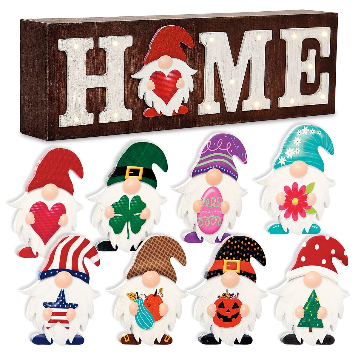 Photo 1 of Lillian Vernon Holiday LED Light Gnome Home Table & Shelf Sitter Sign, Seasonal Tabletop Decorations & Rustic Indoor Home Decor, 3 ¾ “ Tall, MDF & Wood