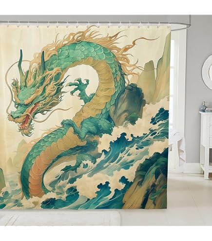 SKAILIÉ Dragon Shower Curtain Set - 4 Piece Fantasy Bathroom Decor With Non-Slip Mats (72x72 Inch)