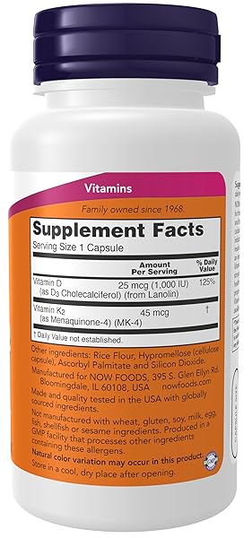 NOW SUPPLEMENTS, VITAMIN D-3 & K-2, 1,000 IU/45 MCG,PLUS CARDIOVASCULAR SUPPORT*, SUPPORTS BONE HEALTH*, 120 VEG CAPSULES