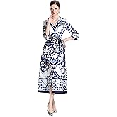 LAI MENG FIVE CATS Women's Elegant Retro Midi Dress V-Neck Floral Print Split Belted Dresses