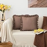 Throw Pillow Covers Set of 2 Cotton Ruffle Flounces Trim Washed 100% Cotton Solid Retro Square 18x18 Inches Decorative Pillow Cases Rustic Cushion Case for Sofa Couch Decor Chocolate Brown